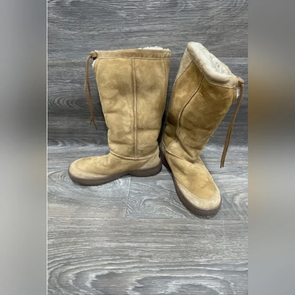 UGG vintage brown tan leather tall Drawatring boots sheepskin Platform Sherpa 9 - Picture 5 of 12